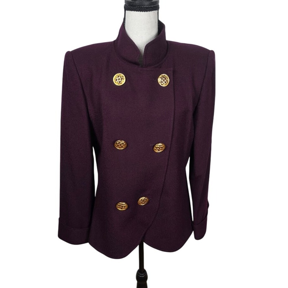 Albert Nipon Blazer Women 12 Purple Wool Funnel Neck Gold Button Vintage Jacket